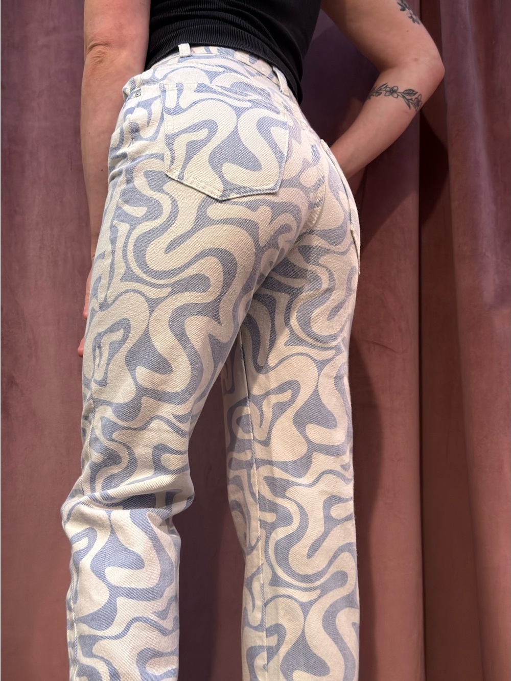 Cotton On Wavy Print Straight Leg Jeans Blue White Y2K Size 2